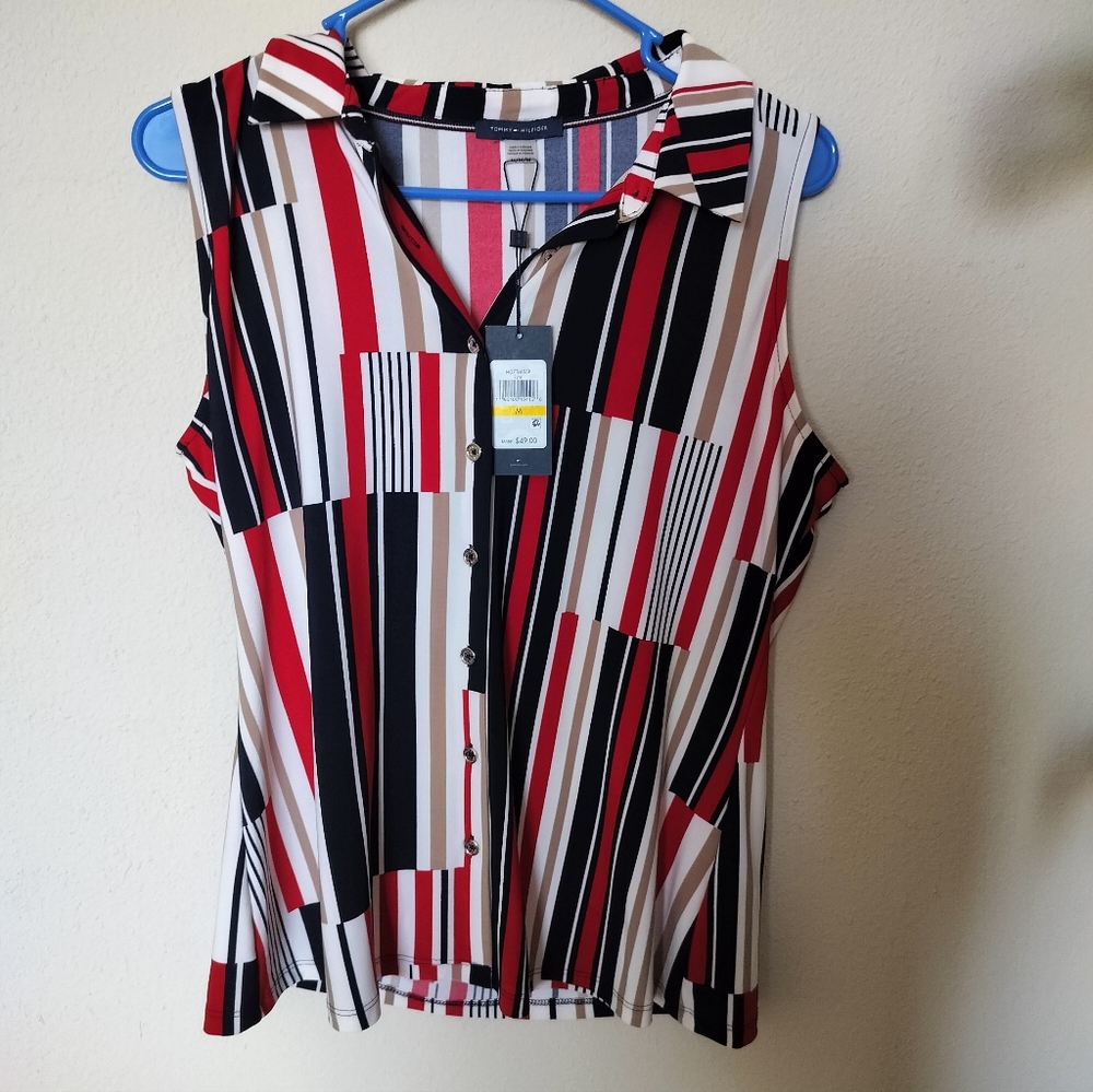 Tommy Hilfiger women's sleeveless collar shirt summer M striped geometric NWT